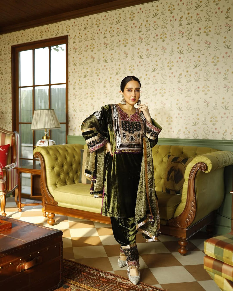 Olive Green Velvet Easy Fit Kurta with Salwar and Dupatta- Set of 3