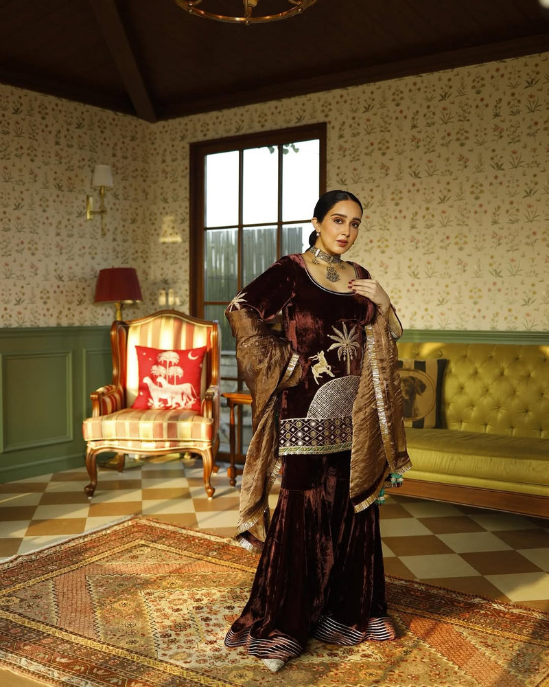 Dusty Rose Velvet Short Kurta with Gharara and Dupatta- Set of 3