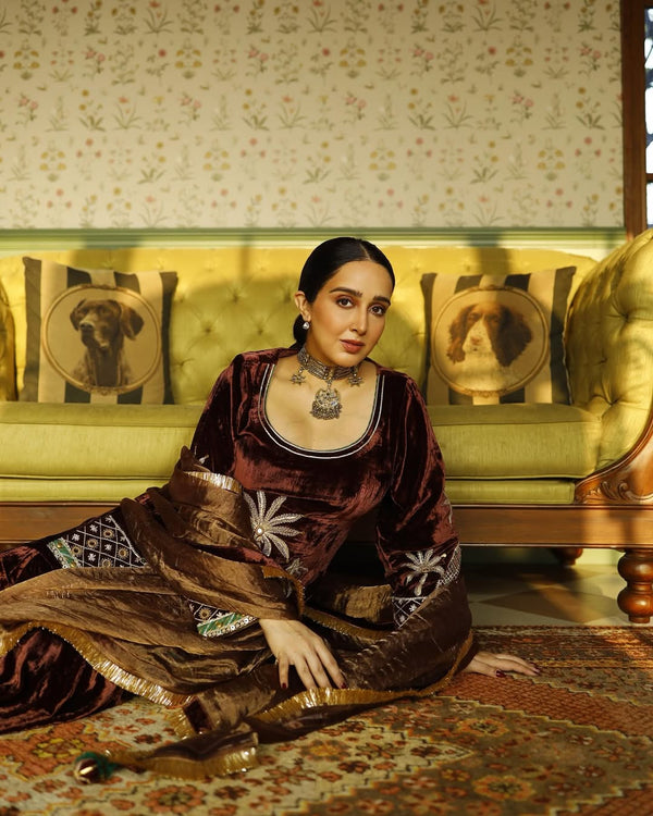 Dusty Rose Velvet Short Kurta with Gharara and Dupatta- Set of 3