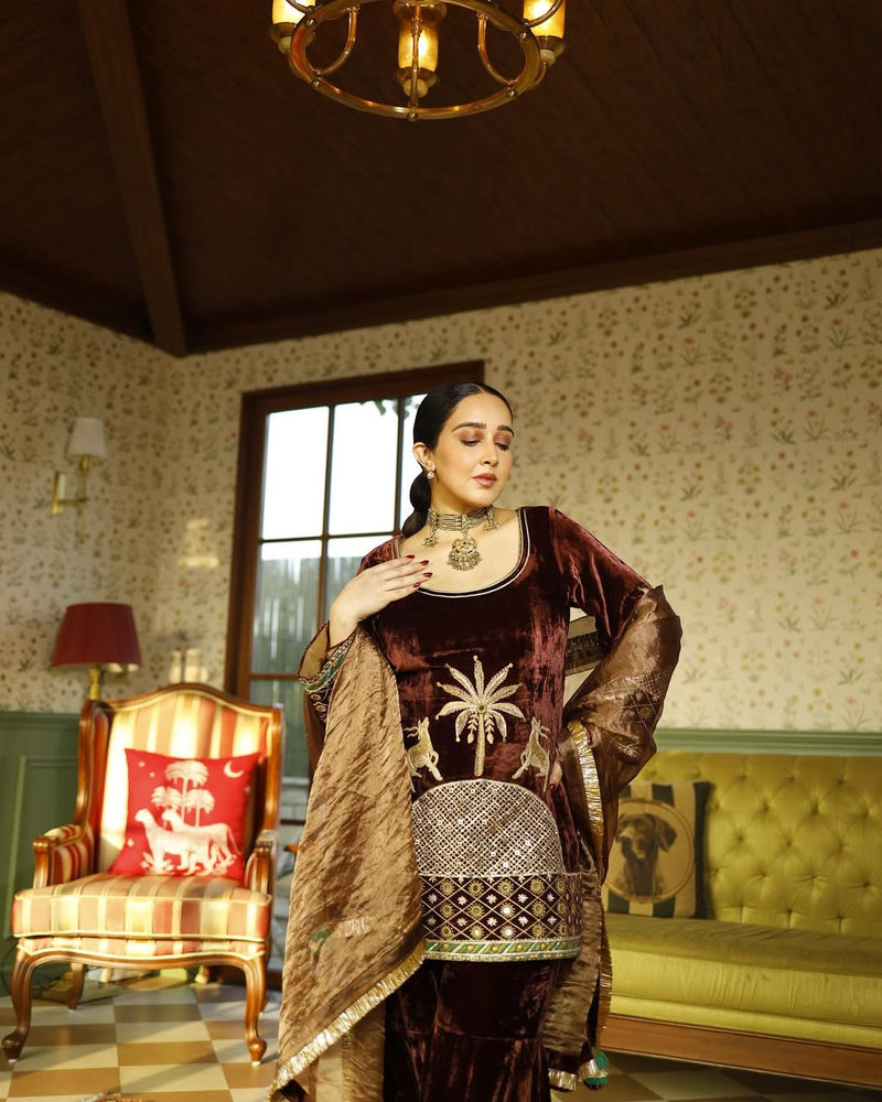 Dusty Rose Velvet Short Kurta with Gharara and Dupatta- Set of 3