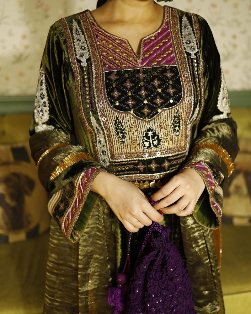 Olive Green Velvet Easy Fit Kurta with Salwar and Dupatta- Set of 3