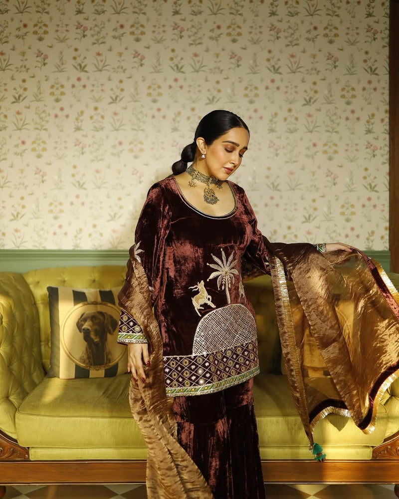 Dusty Rose Velvet Short Kurta with Gharara and Dupatta- Set of 3