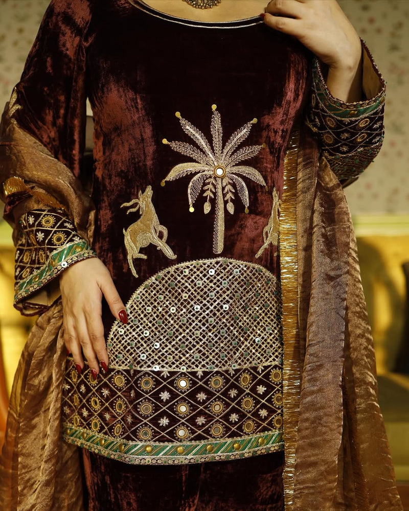 Dusty Rose Velvet Short Kurta with Gharara and Dupatta- Set of 3