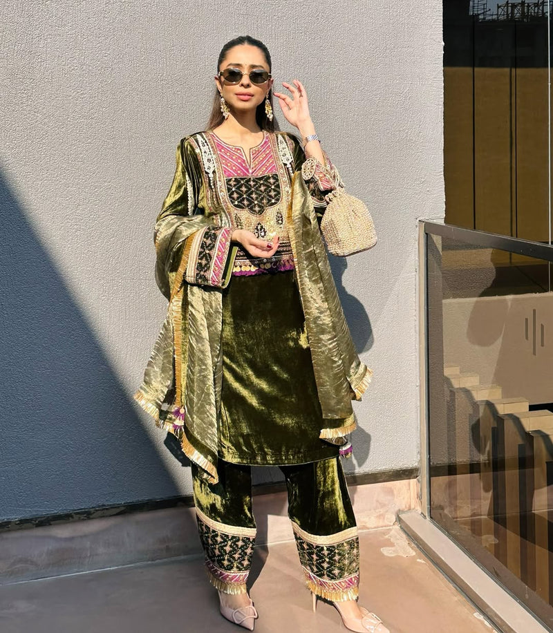 Olive Green Velvet Long Yoke Asymmetrical Kurta with Pant and Dupatta- Set of 3