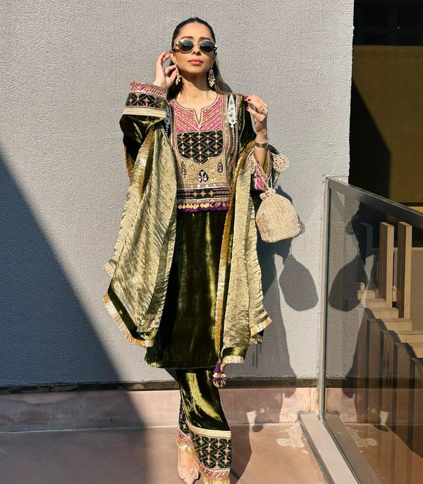 Olive Green Velvet Long Yoke Asymmetrical Kurta with Pant and Dupatta- Set of 3