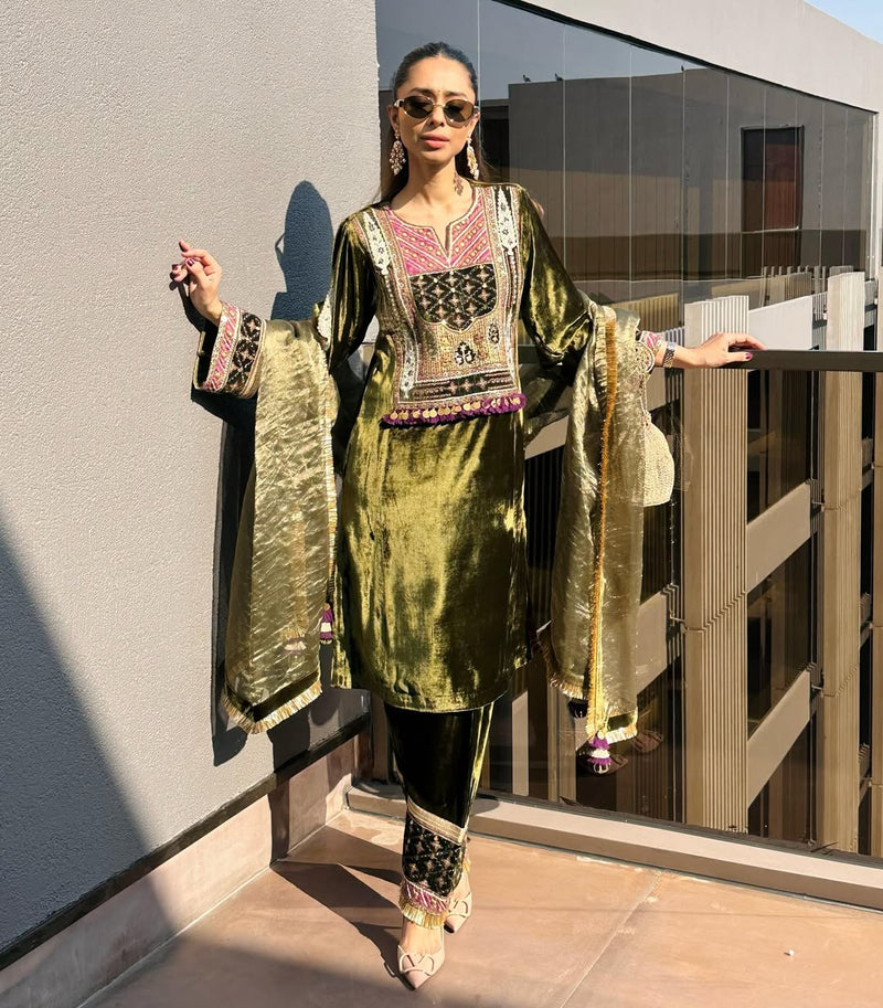 Olive Green Velvet Long Yoke Asymmetrical Kurta with Pant and Dupatta- Set of 3