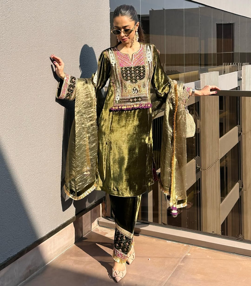 Olive Green Velvet Long Yoke Asymmetrical Kurta with Pant and Dupatta- Set of 3