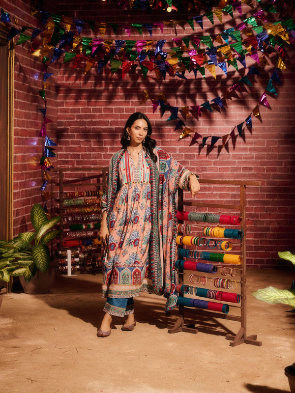INAYA EASY-FIT FRONT GATHERED CHOGA STYLE KURTA WITH PANT AND DUPATTA (SET OF 3)