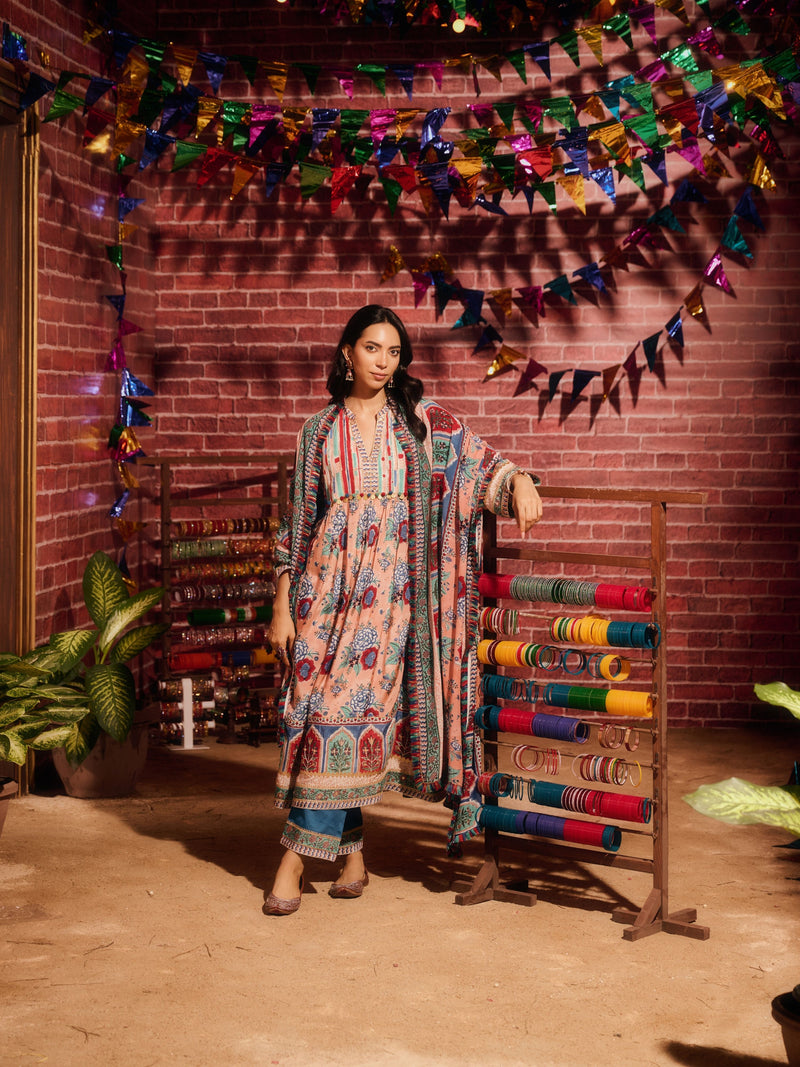 INAYA EASY-FIT FRONT GATHERED CHOGA STYLE KURTA WITH PANT AND DUPATTA (SET OF 3)