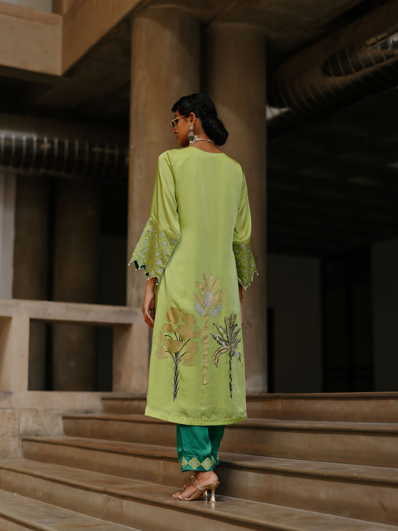 LIME GREEN STRAIGHT LONG KURTA WITH EMERALD GREEN PANT AND DUPATTA - SET OF 3