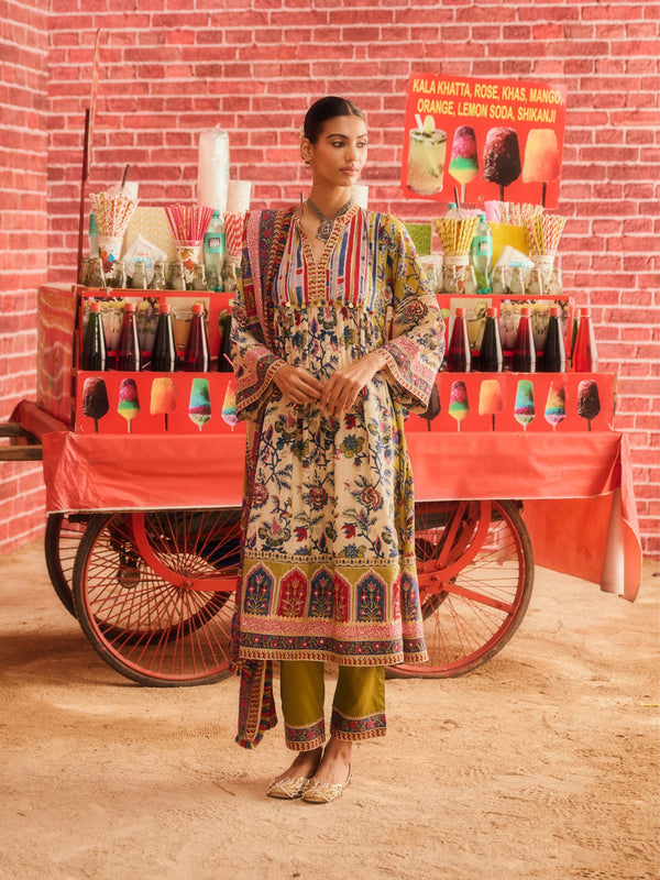 GUL MEHAR  EASY-FIT FRONT GATHERED CHOGA STYLE KURTA WITH PANT AND DUPATTA (SET OF 3)