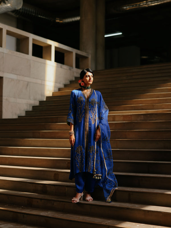 ROYAL BLUE FRONT OPEN ASYMMETRICAL KURTA WITH PANT AND DUPATTA - SET OF 3