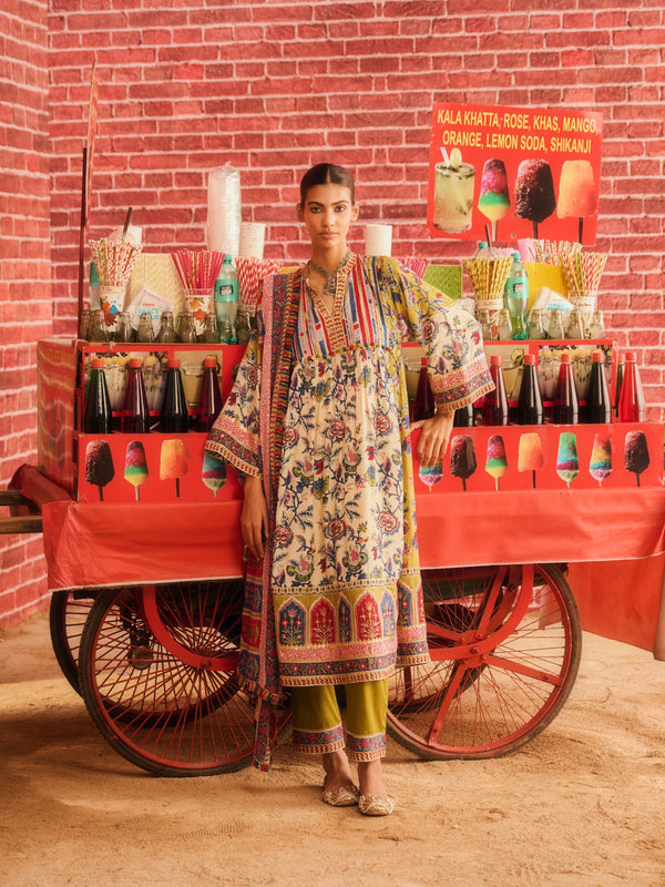 GUL MEHAR  EASY-FIT FRONT GATHERED CHOGA STYLE KURTA WITH PANT AND DUPATTA (SET OF 3)