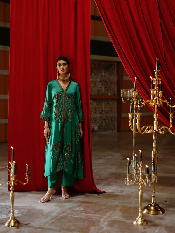 EMERALD GREEN FRONT OPEN ASYMMETRICAL KURTA WITH PANT AND DUPATTA  - SET OF 3