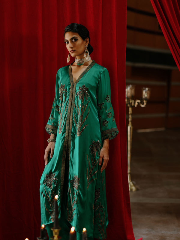 EMERALD GREEN FRONT OPEN ASYMMETRICAL KURTA WITH PANT AND DUPATTA  - SET OF 3