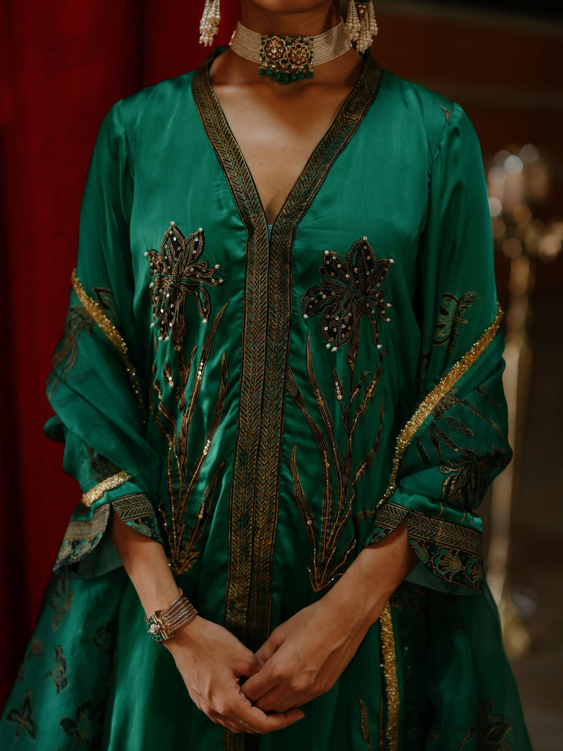 EMERALD GREEN FRONT OPEN ASYMMETRICAL KURTA WITH PANT AND DUPATTA  - SET OF 3