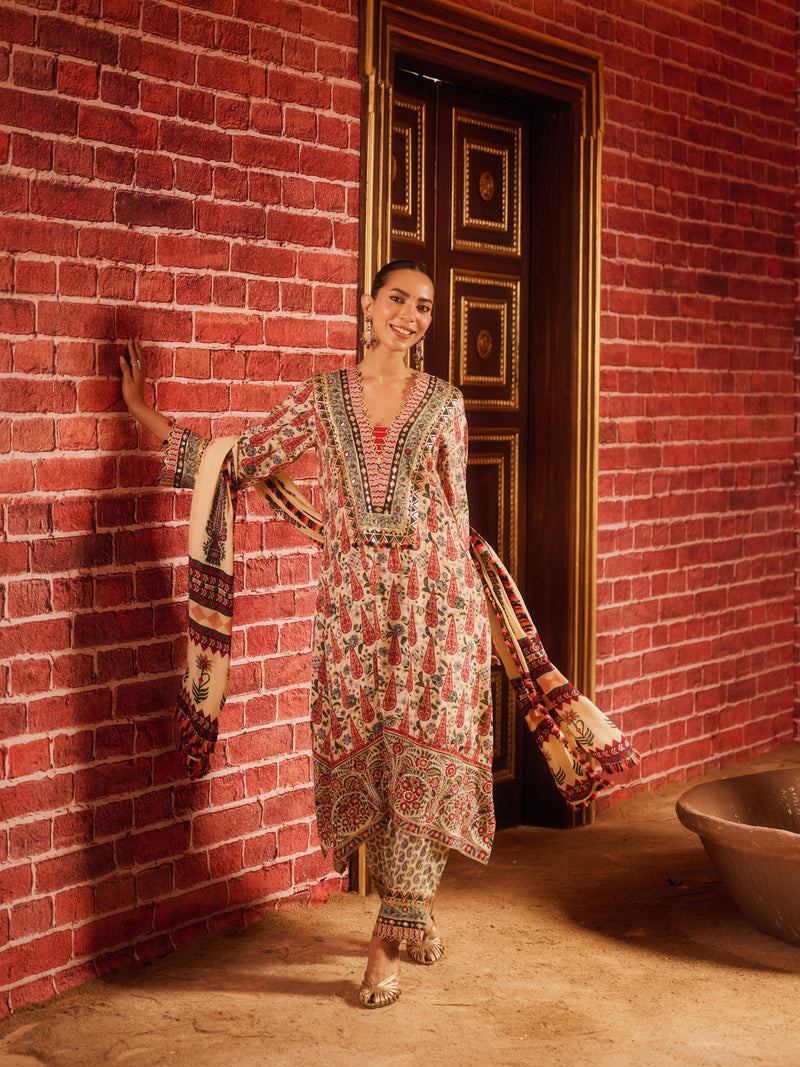 KASHMIRA V-NECK ASYMMETRICAL KURTA WITH PANT AND DUPATTA (SET OF 3)