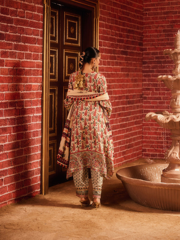 KASHMIRA V-NECK ASYMMETRICAL KURTA WITH PANT AND DUPATTA (SET OF 3)