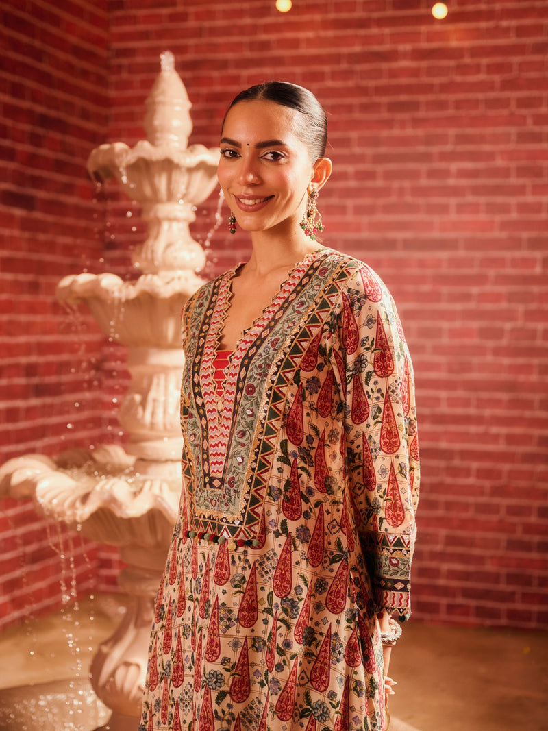 KASHMIRA V-NECK ASYMMETRICAL KURTA WITH PANT AND DUPATTA (SET OF 3)