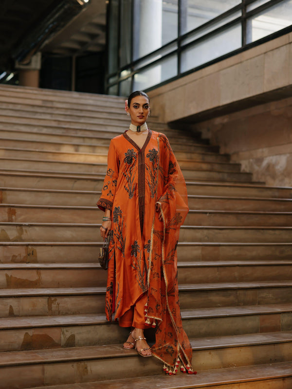 RUST ORANGE FRONT OPEN ASYMMETRICAL KURTA WITH PANT AND DUPATTA  - SET OF 3