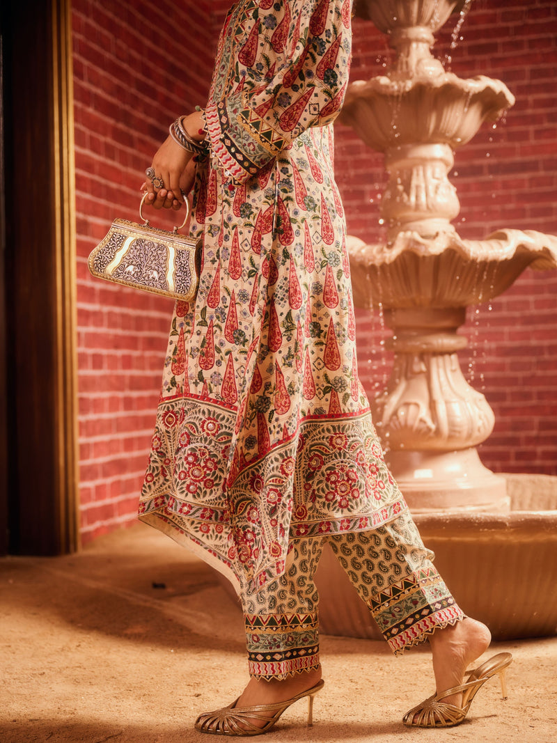 KASHMIRA V-NECK ASYMMETRICAL KURTA WITH PANT AND DUPATTA (SET OF 3)