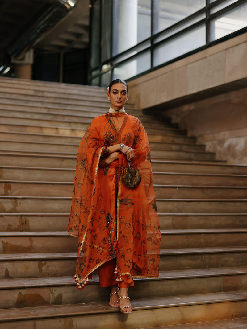 RUST ORANGE FRONT OPEN ASYMMETRICAL KURTA WITH PANT AND DUPATTA  - SET OF 3