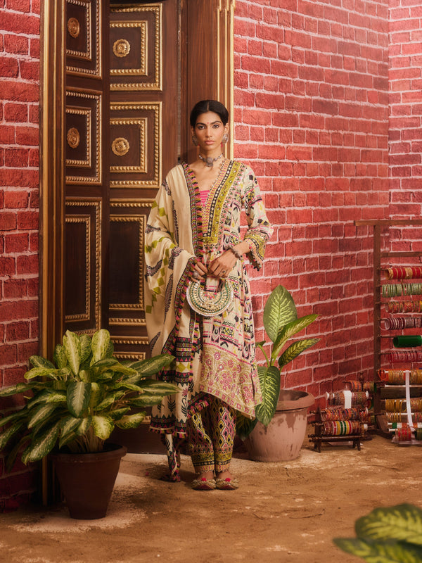 RANGREZ V-NECK ASYMMETRICAL KURTA WITH PANT AND DUPATTA (SET OF 3)