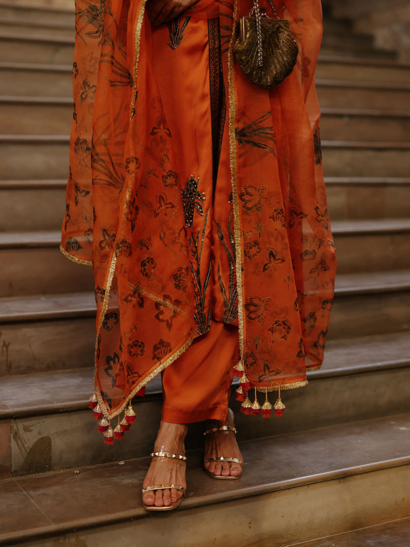 RUST ORANGE FRONT OPEN ASYMMETRICAL KURTA WITH PANT AND DUPATTA  - SET OF 3