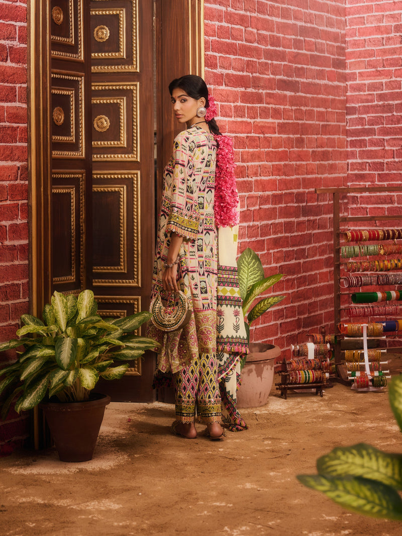 RANGREZ V-NECK ASYMMETRICAL KURTA WITH PANT AND DUPATTA (SET OF 3)