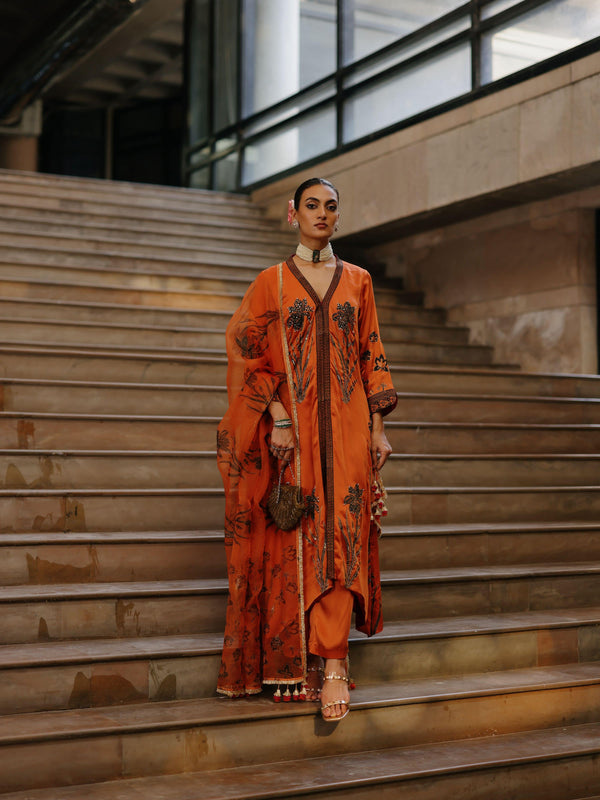 RUST ORANGE FRONT OPEN ASYMMETRICAL KURTA WITH PANT AND DUPATTA  - SET OF 3