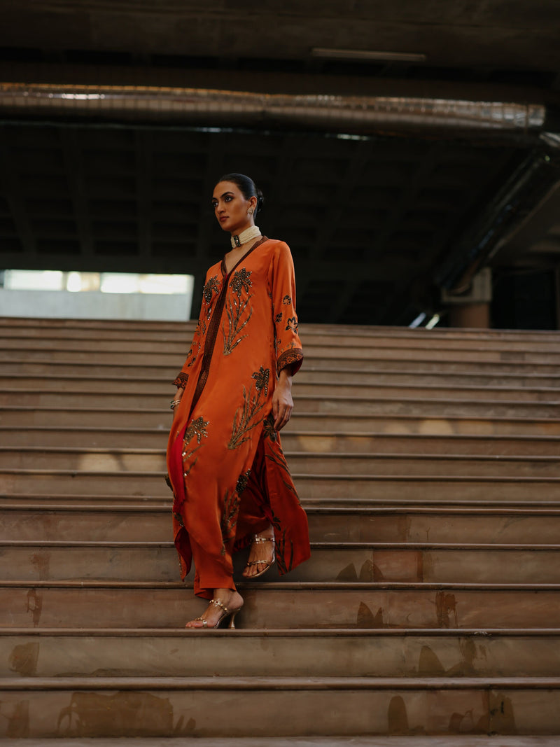 RUST ORANGE FRONT OPEN ASYMMETRICAL KURTA WITH PANT AND DUPATTA  - SET OF 3