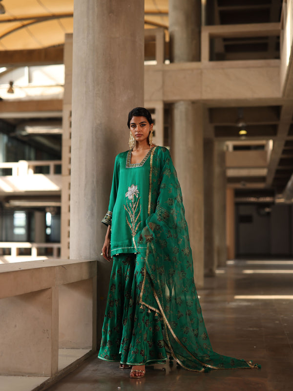 EMERLAD GREEN SHORT KURTA WITH GHARARA AND DUPATTA - SET OF 3