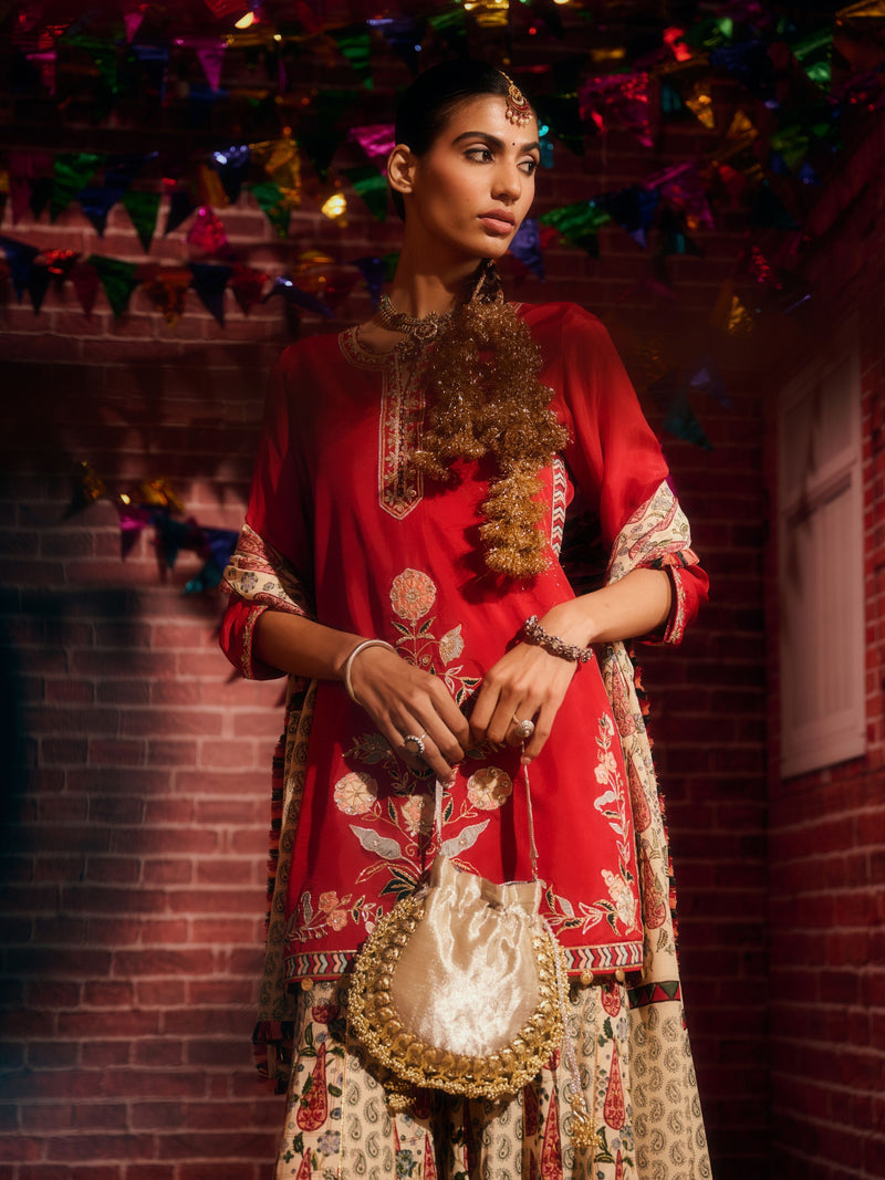 KASHMIRA RED STRAIGHT SHORT KURTA WITH GHARARA AND DUPATTA (SET OF 3)