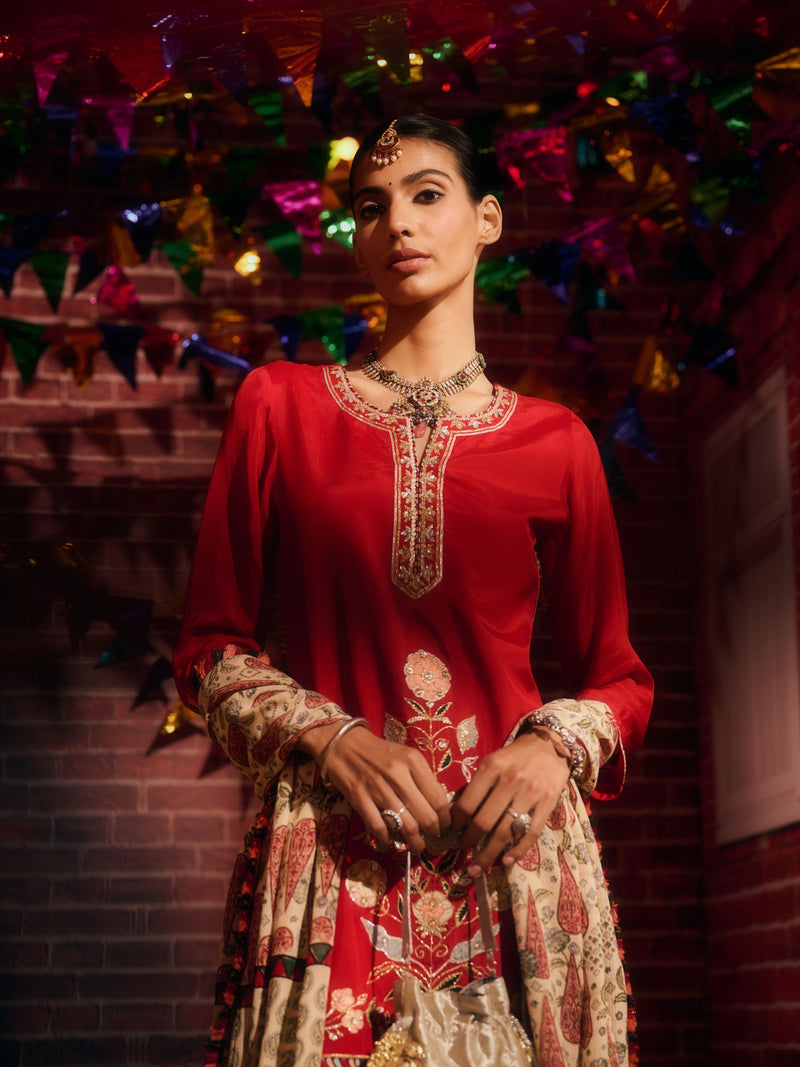 KASHMIRA RED STRAIGHT SHORT KURTA WITH GHARARA AND DUPATTA (SET OF 3)