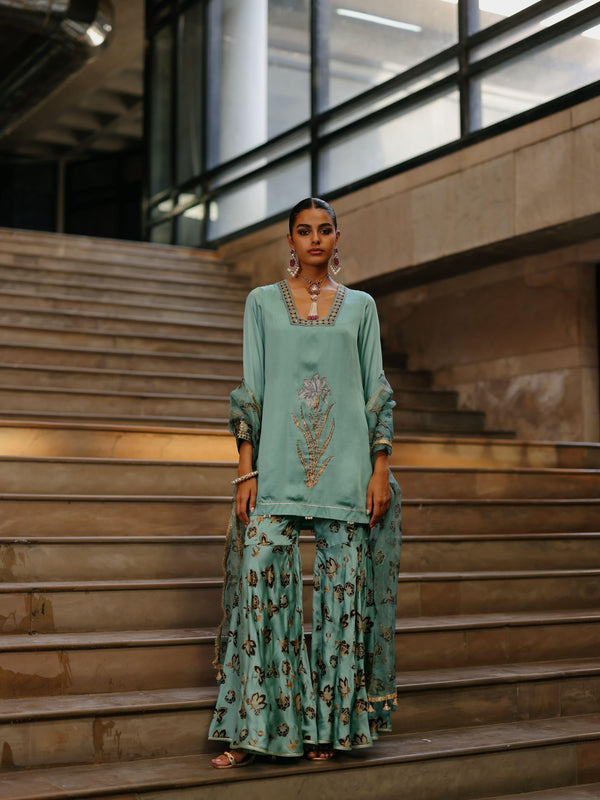 DUSTY BLUE SHORT KURTA WITH GHARARA AND DUPATTA  - SET OF 3