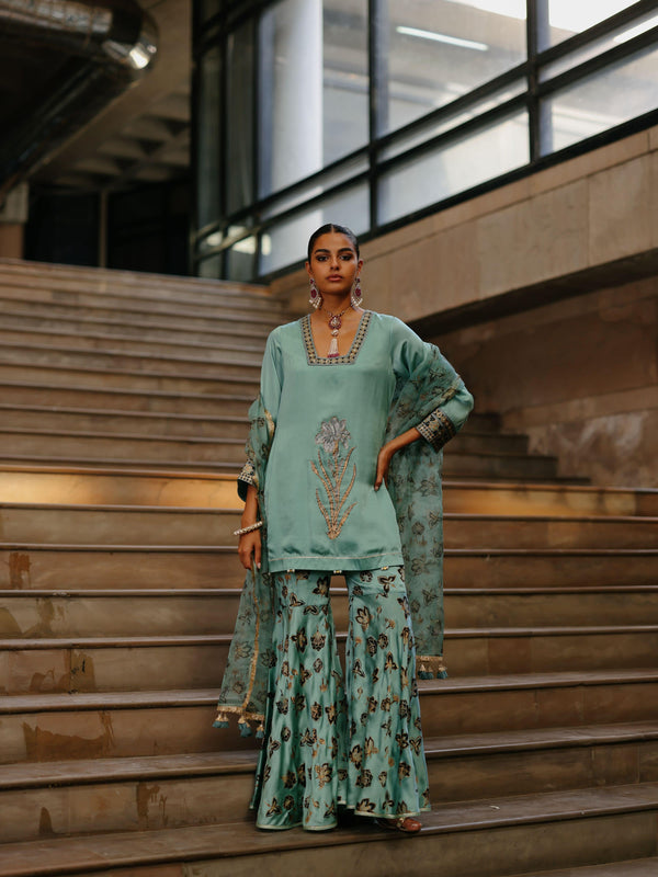 DUSTY BLUE SHORT KURTA WITH GHARARA AND DUPATTA  - SET OF 3