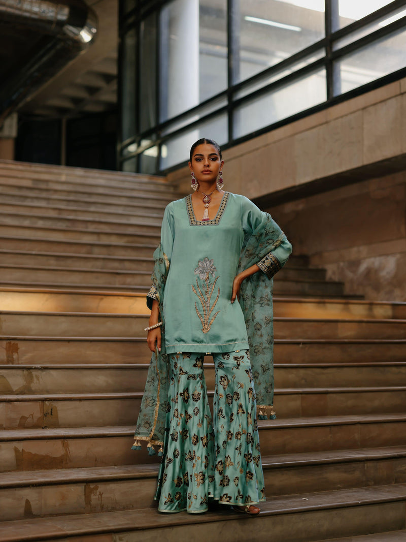 DUSTY BLUE SHORT KURTA WITH GHARARA AND DUPATTA  - SET OF 3