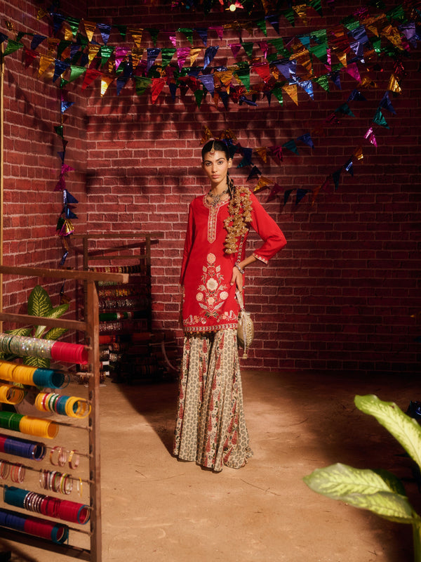 KASHMIRA RED STRAIGHT SHORT KURTA WITH GHARARA AND DUPATTA (SET OF 3)