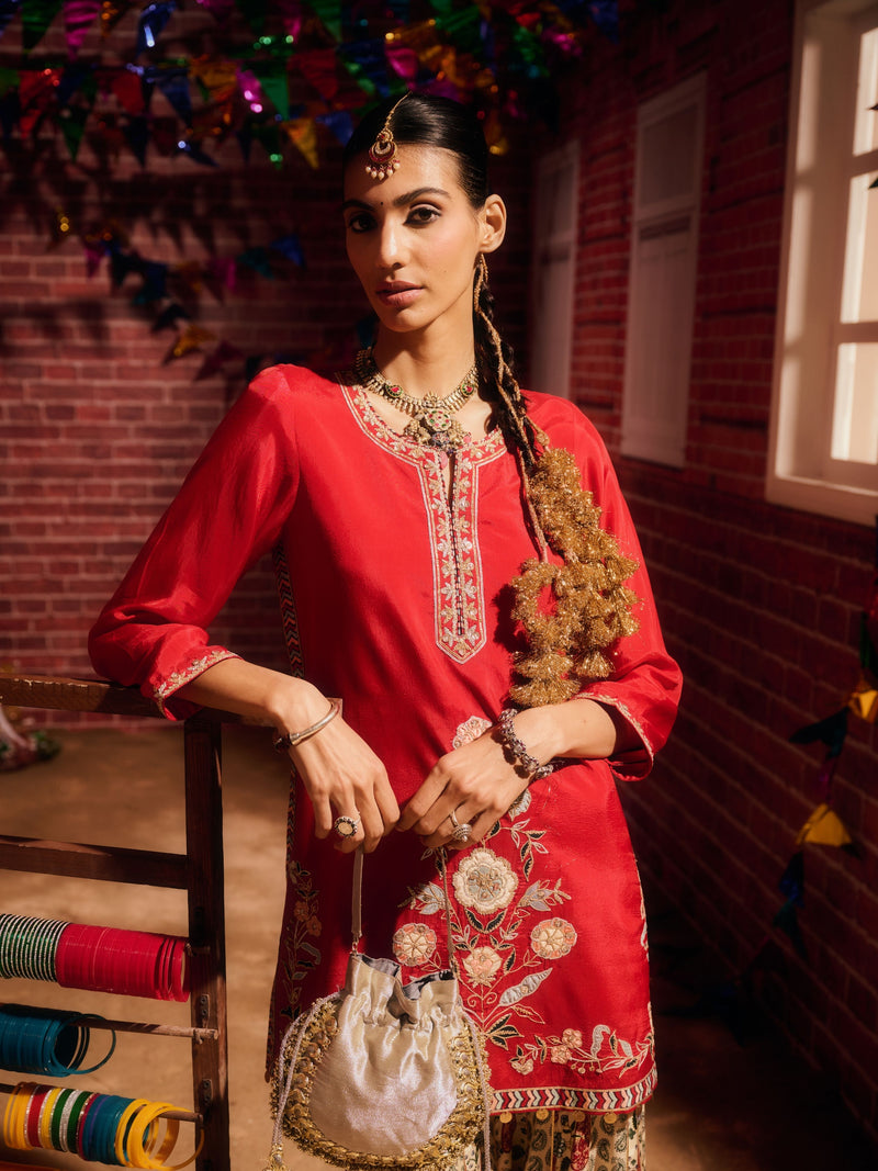 KASHMIRA RED STRAIGHT SHORT KURTA WITH GHARARA AND DUPATTA (SET OF 3)
