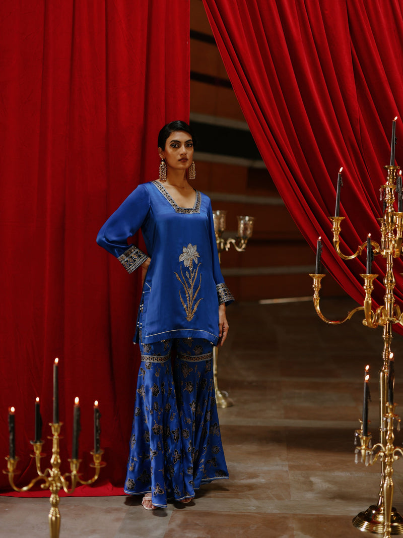 ROYAL BLUE SHORT KURTA WITH GHARARA AND DUPATTA  - SET OF 3