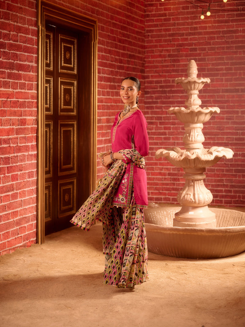 RANGREZ FUCHSIA PINK STRAIGHT SHORT KURTA WITH GHARARA AND DUPATTA (SET OF 3)