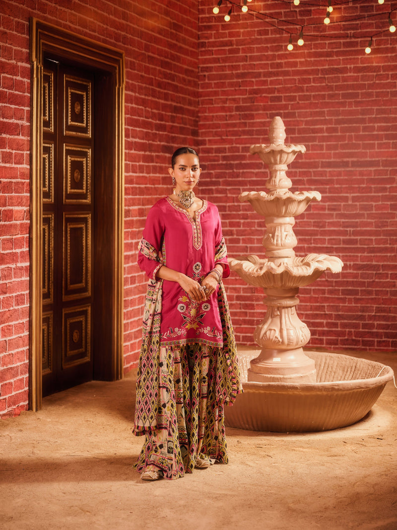 RANGREZ FUCHSIA PINK STRAIGHT SHORT KURTA WITH GHARARA AND DUPATTA (SET OF 3)
