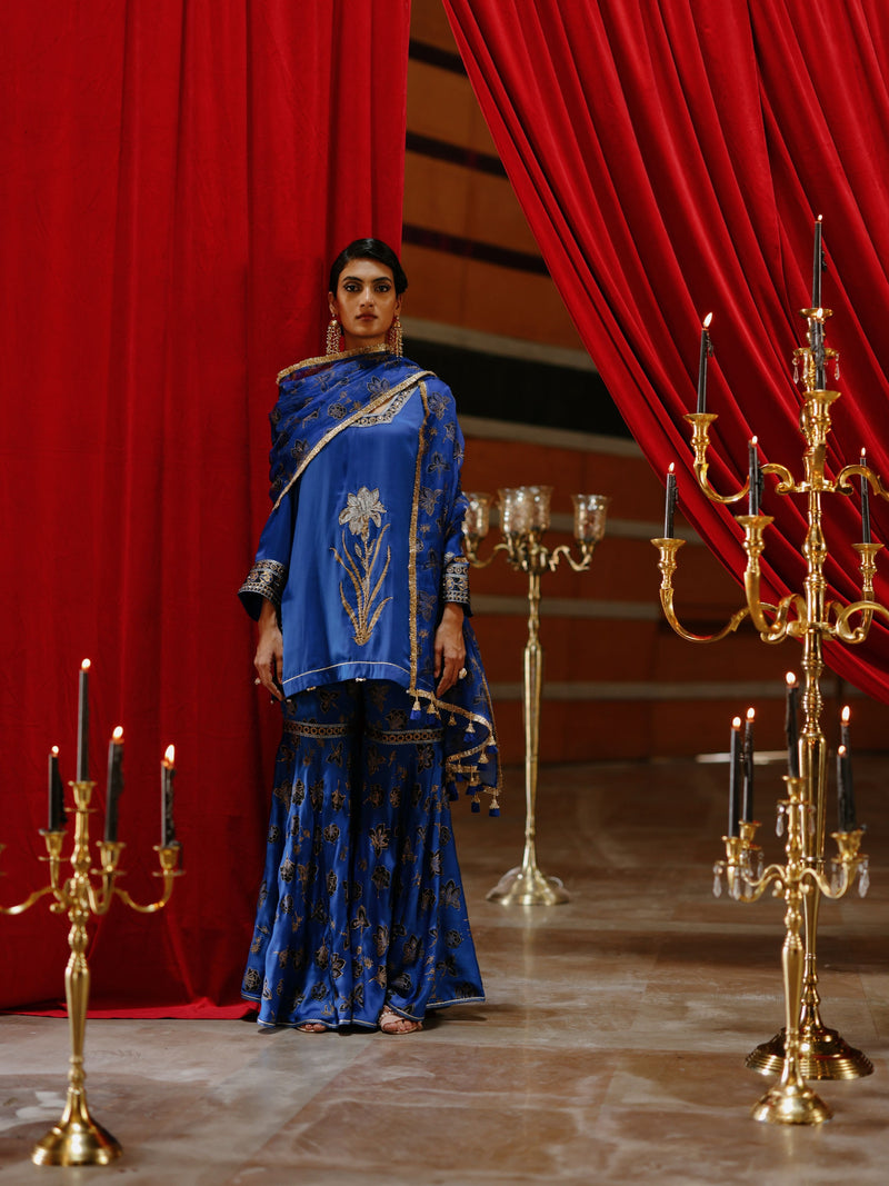 ROYAL BLUE SHORT KURTA WITH GHARARA AND DUPATTA  - SET OF 3
