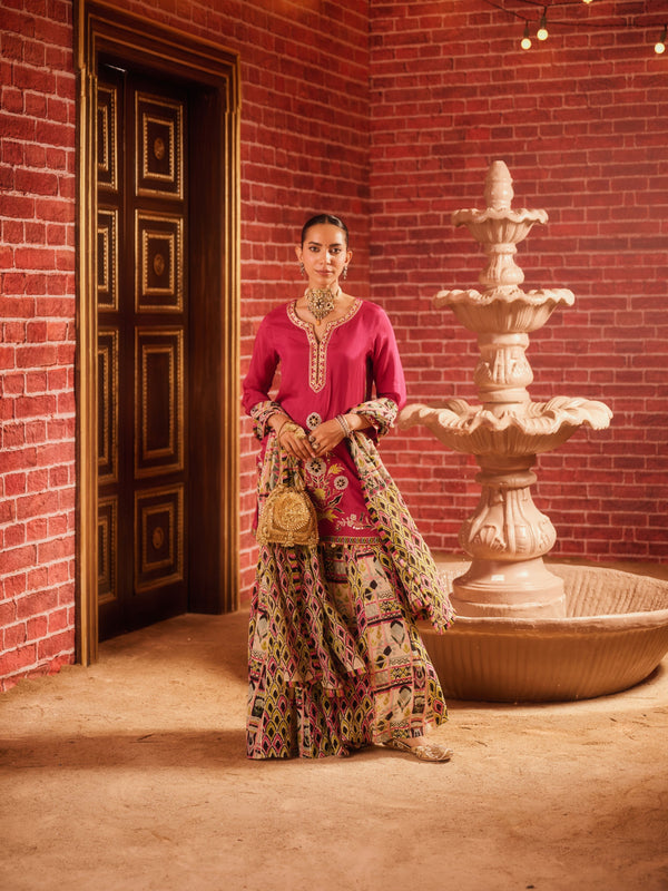 RANGREZ FUCHSIA PINK STRAIGHT SHORT KURTA WITH GHARARA AND DUPATTA (SET OF 3)