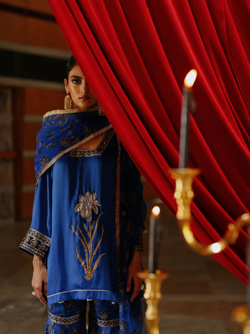 ROYAL BLUE SHORT KURTA WITH GHARARA AND DUPATTA  - SET OF 3