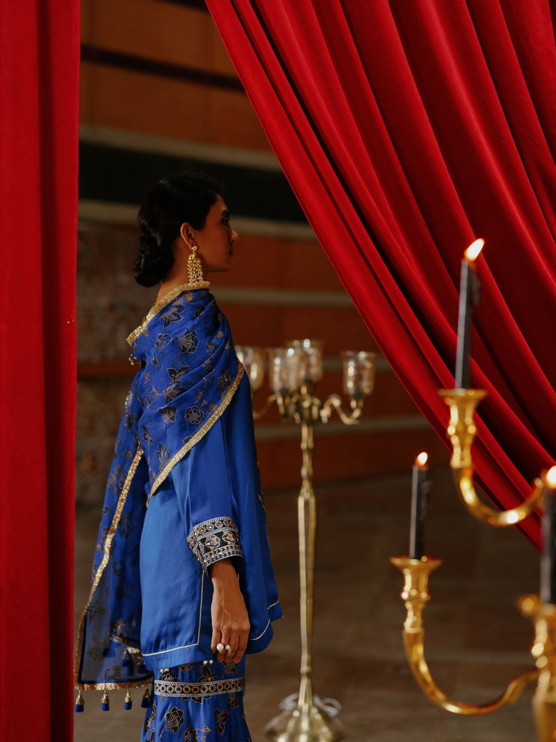 ROYAL BLUE SHORT KURTA WITH GHARARA AND DUPATTA  - SET OF 3