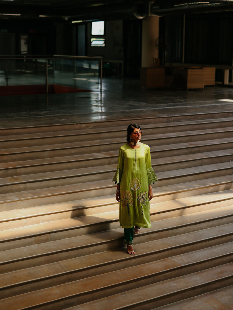 LIME GREEN STRAIGHT LONG KURTA WITH EMERALD GREEN PANT AND DUPATTA - SET OF 3