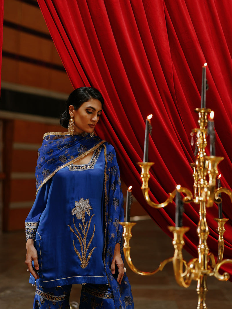ROYAL BLUE SHORT KURTA WITH GHARARA AND DUPATTA  - SET OF 3