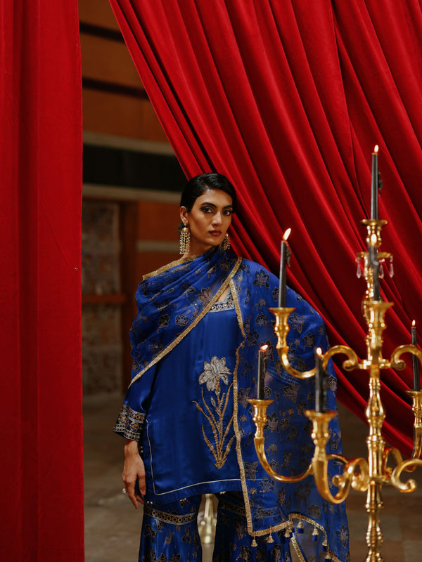 ROYAL BLUE SHORT KURTA WITH GHARARA AND DUPATTA  - SET OF 3