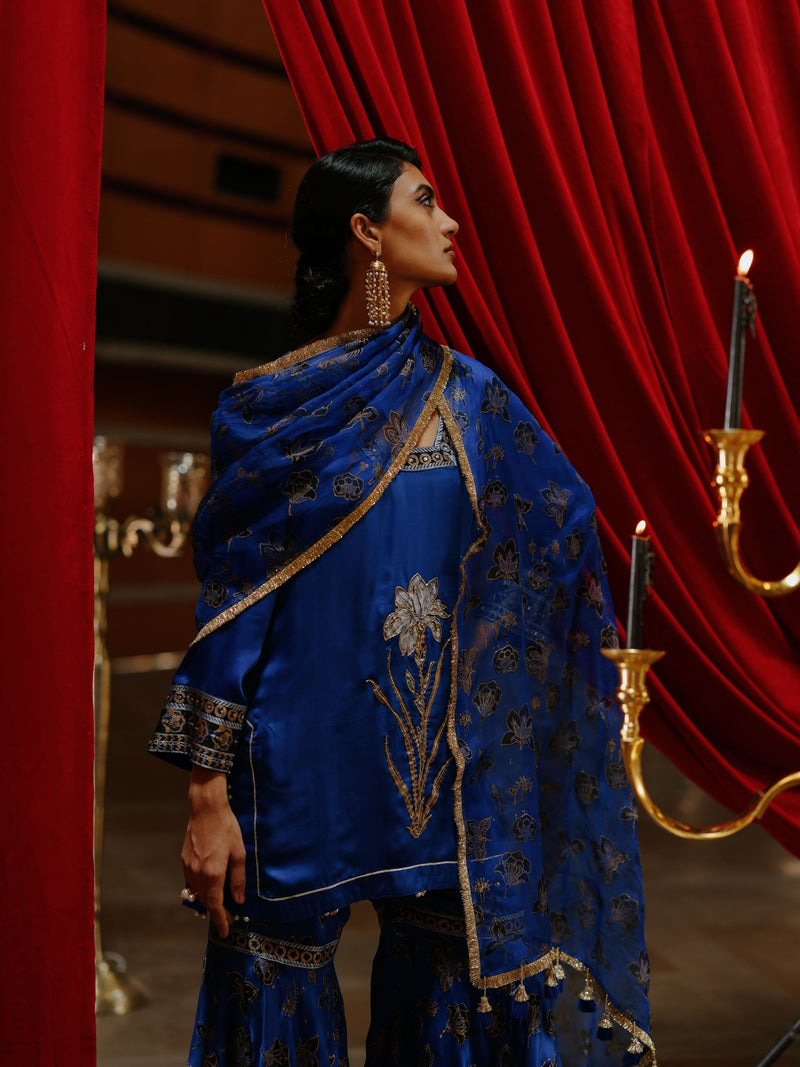 ROYAL BLUE SHORT KURTA WITH GHARARA AND DUPATTA  - SET OF 3